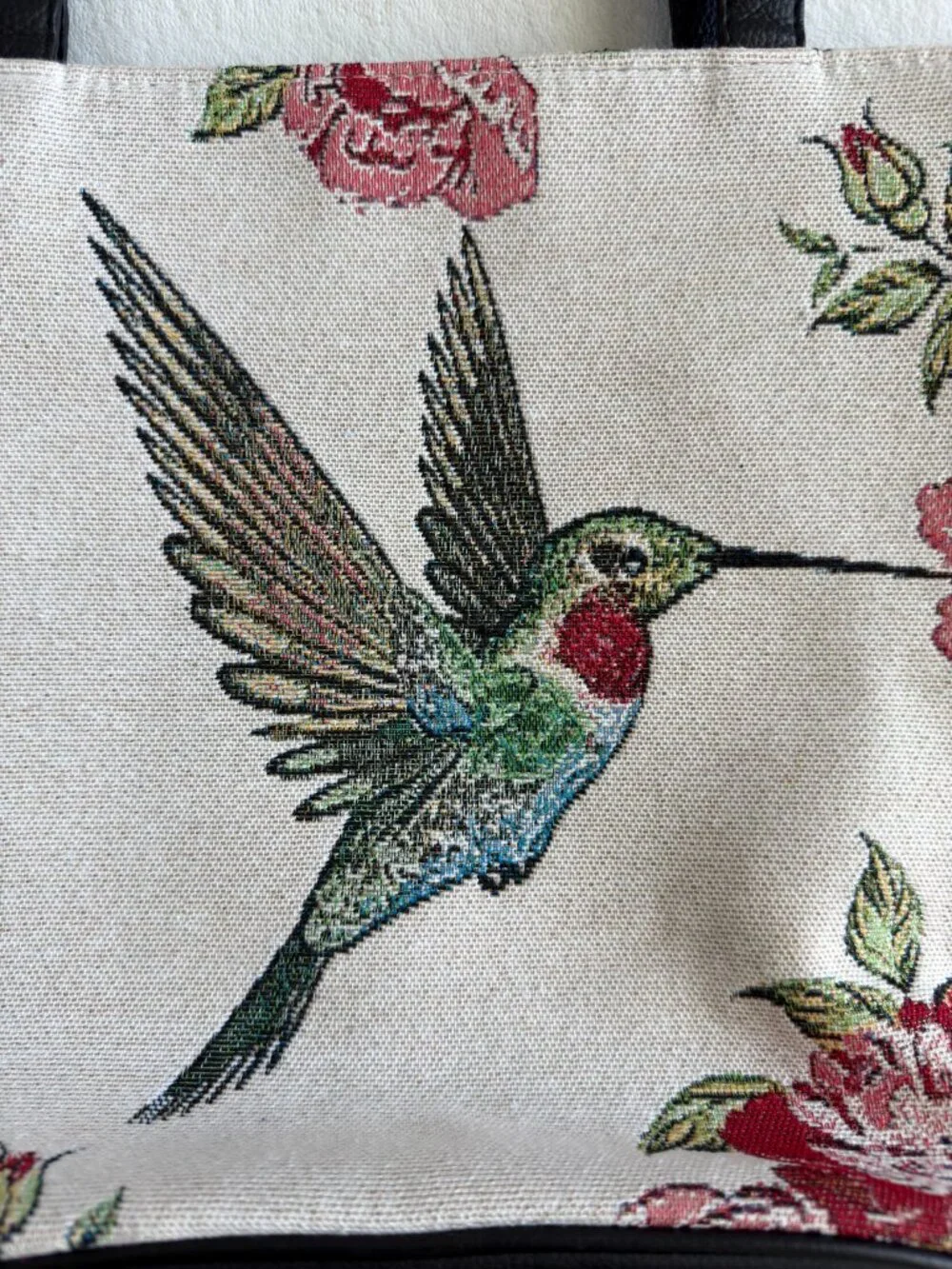 Tapestry Tote Bag‎ Hummingbird Floral Cottagecore Grandmacore Woven Cream Rose